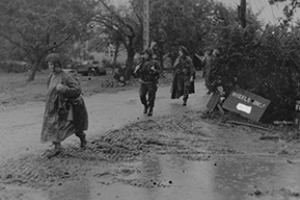 Troops in bad weather in Normandy