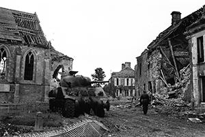 A knocked out British Sherman tank