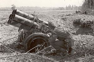 Browse A soldier examines an abandoned German Nebelwerfer