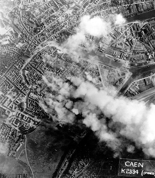 Aeriel photograph of the bombardment of Caen
