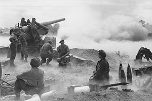 Browse British artillery bombarding German positions near Caen
