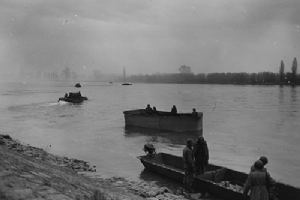 Amphibious tanks and crews crossing the Rhine