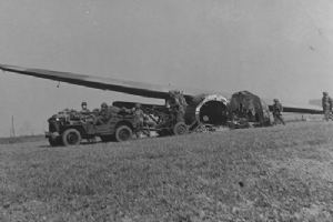 A Horsa glider is unloaded on the landing zone