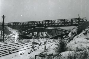 A blown bridge during the Ardennes Offensive