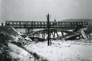 A blown bridge during the Ardennes Offensive
