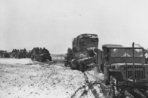 Allied convoy carrying soldiers, supplies and munitions