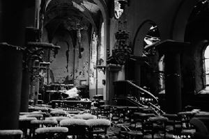 Snow covered ruins of a Belgian church