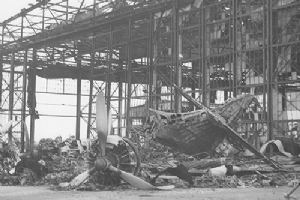 Burned and wrecked hangar at the Naval Air Station