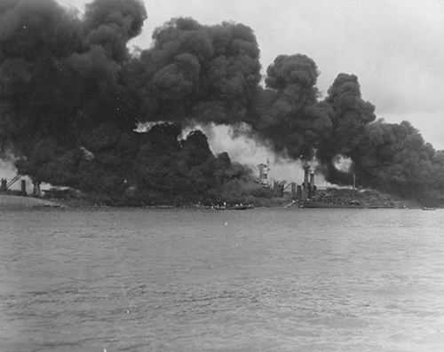 View of “Battleship Row” during or immediately after the Japanese raid